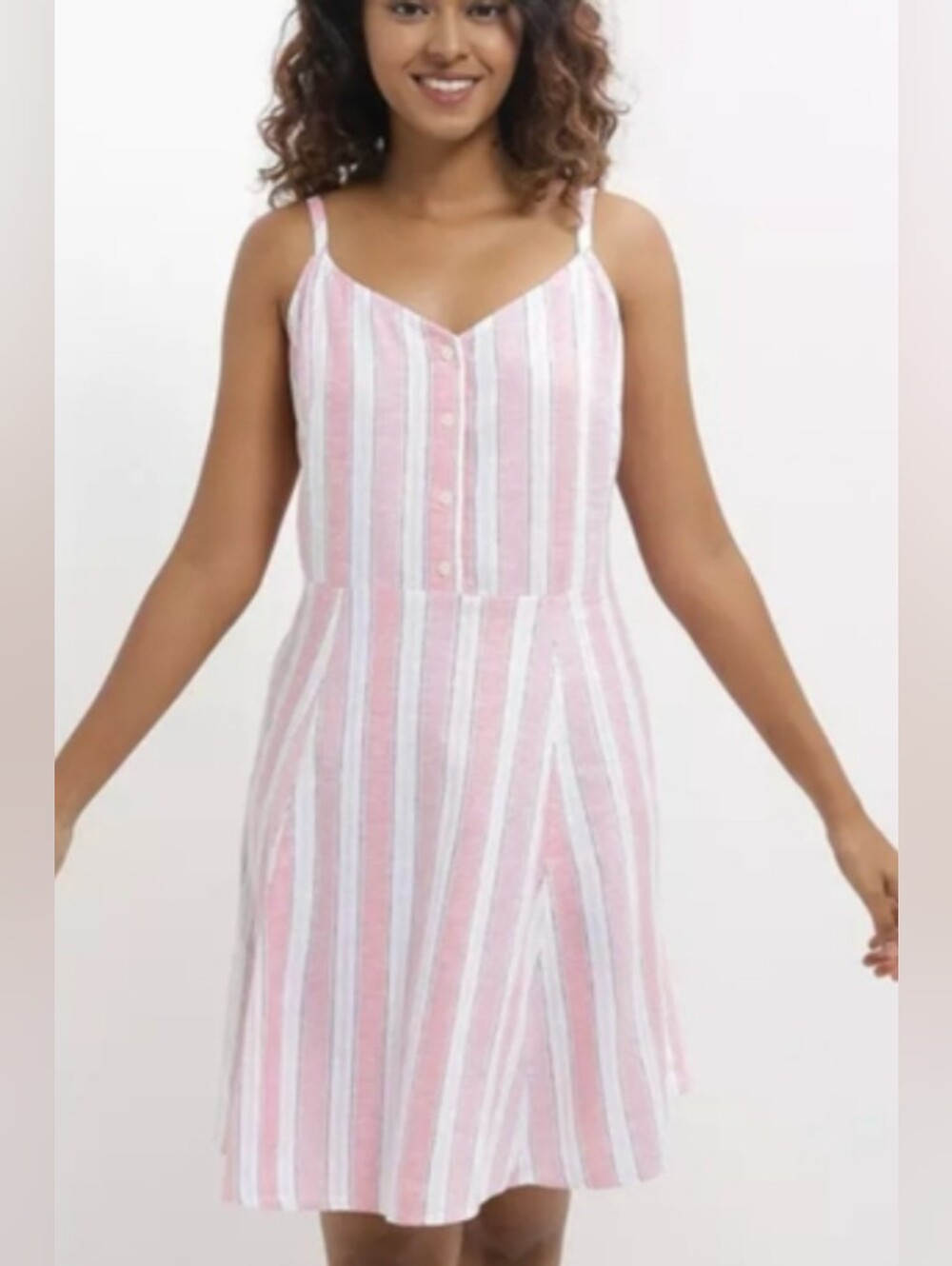 Gap Sleeveless V-Neck Button-Front Linen-Blend Pink and White Stripe Mini Dress